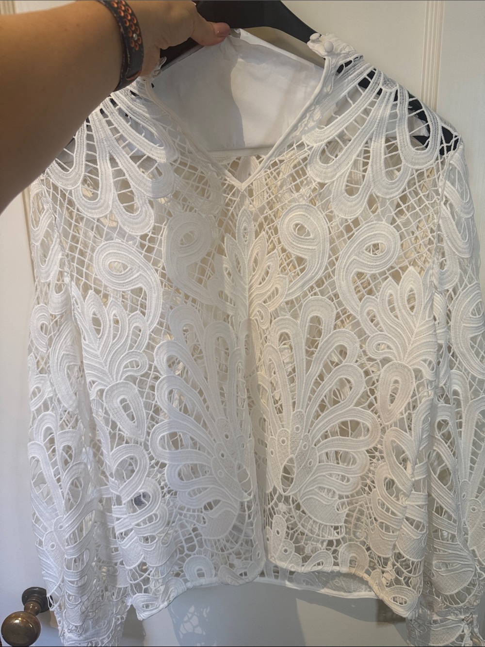 White House Black Market White Lace Crochet Long-Sleeve Blouse - Picture 3 of 6